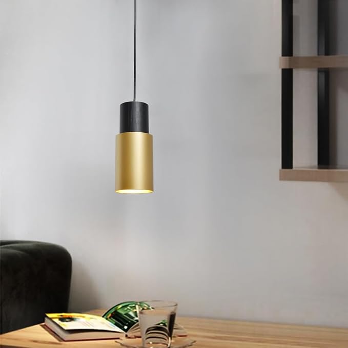 DUHU Gold Pendant Light,Modern Black Kitchen Island Light,Vintage Wood Hanging Lamp,Height Adjustable,Pendant Light Fixture for Nightstand Bedroom,Dining Room,Office,Cafe,Bars Light,E26,1pack