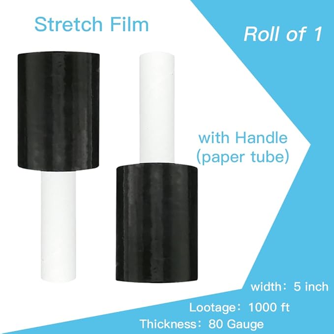 Stretch Wrap Film with Handle,5 Inch × 1000 Feet Shrink Wrap for Moving Supplies Black Plastic Film Self-Adhering