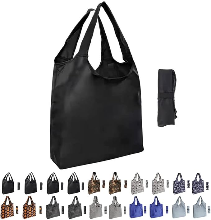 Aricsen 20 Pack 15x4.5x15 Inch Mixed Color Reusable Grocery Bags with Handles Bulk, Shopping Foldable Kitchen Bags Large Capacity Machine Washable Nylon Tote Bags, Polyester Fabric