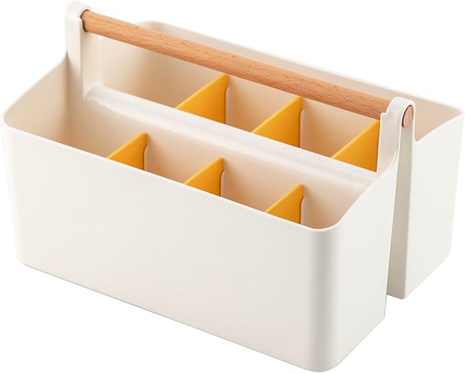 Vidifor Large Portable Caddy Tote with Handle, Plastic Craft Storage Organizer Basket with Adjustable Divided for Art Supplies, Sewing, Colored Pencils, Makeup-Yellow