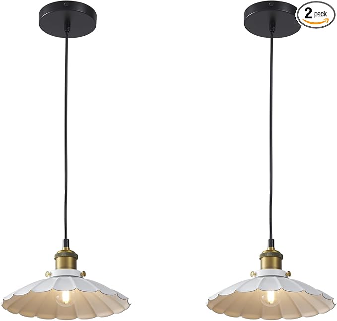 White Pendant Lights, Modern Hanging Lamp with 9.8 Inch Industrial Shade, Farmhouse Pendant Lights Kitchen Island 6.5Ft Adjustable Cord Pendant Light Fixtures 2Pack