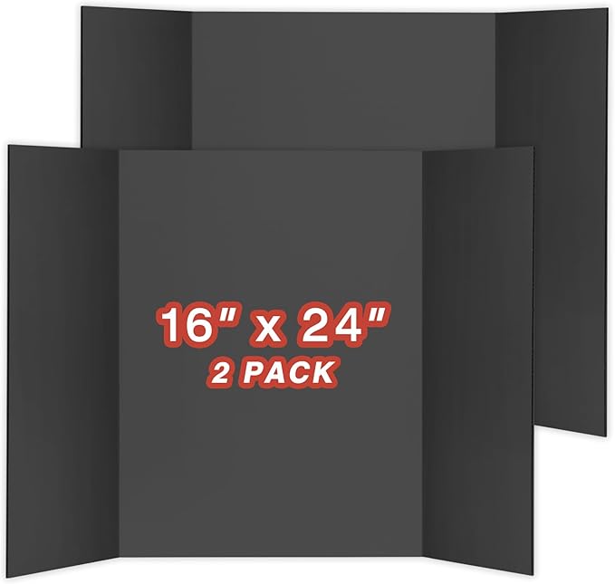 Chell Mini Size Trifold Poster Board, 16" x 24", Small Corrugated Project Boards, Black, 2 Pack