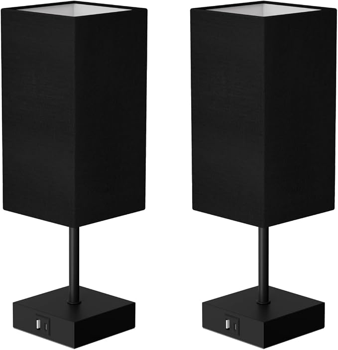 Touch Bedside Table Lamp for Bedroom, 14-Inch, Black, Set of 2 | USB A+C Ports, Touch 3-Way Dimmable LED Bulb Included Fabric Lampshade Metal Base Small Nightstand Lamp for Desk Living Room