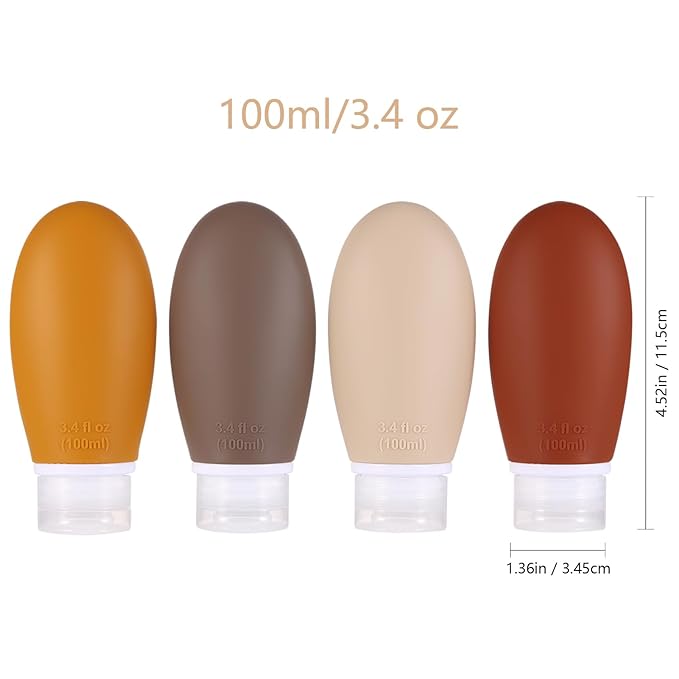 Leak Proof Silicone Travel Bottles,4 Pack 3.4oz Liquid Squeezable Refillable Portable Accessories/Cosmetic Containers,BPA Free,Travel Size Bottles for Toiletries Shampoo Conditioner Lotion(Brown)