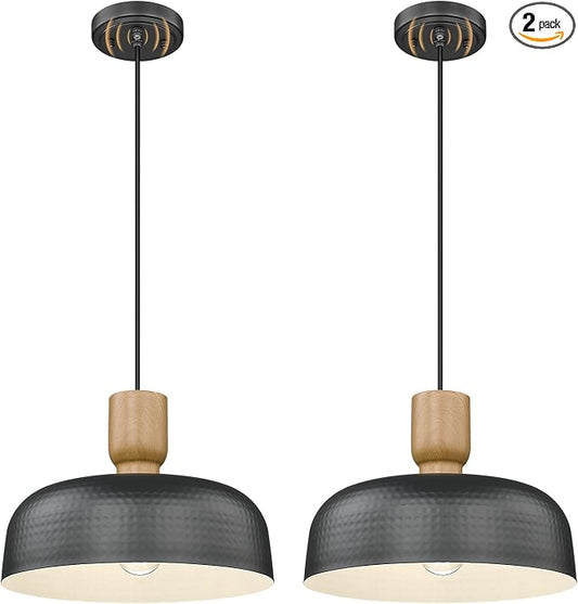 Darkaway Dusk to Dawn Industrial Pendant Light Fixtures Ceiling Hanging with Hammered Metal Shade, 2pcs Black Pendant Light for Outdoor Porch Lighting Hanging Lamp Adjustable Height