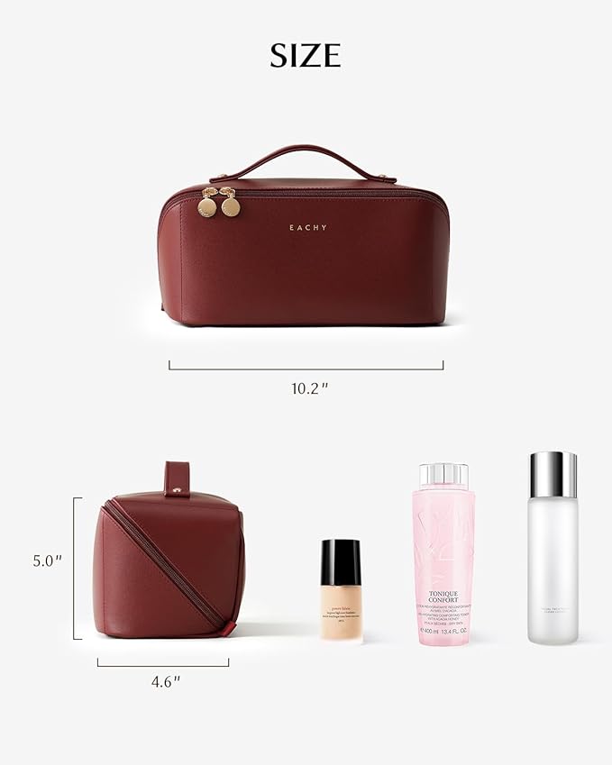 EACHY Travel Makeup Bag, Large Capacity Cosmetic Bag for Women, Waterproof PU Leather, Flat Open Portable Toiletry Bag for Skincare, Brushes & Travel Essentials