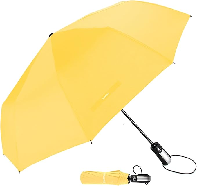 TradMall Travel Umbrella Windproof with 56 Inches Large Canopy 10 Reinforced Fiberglass Ribs Ergonomic Handle Auto Open & Close, Yellow