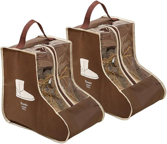 2 Set Boot Storage,Portable Short Boots and Tall Boots Storage or Protector Bag,Shoe Dust Bags,Shoe Sleeves for Travel,Clear Boots Cover,Shoes Packing Organizers for Adult Sneakers (Brown-Short)