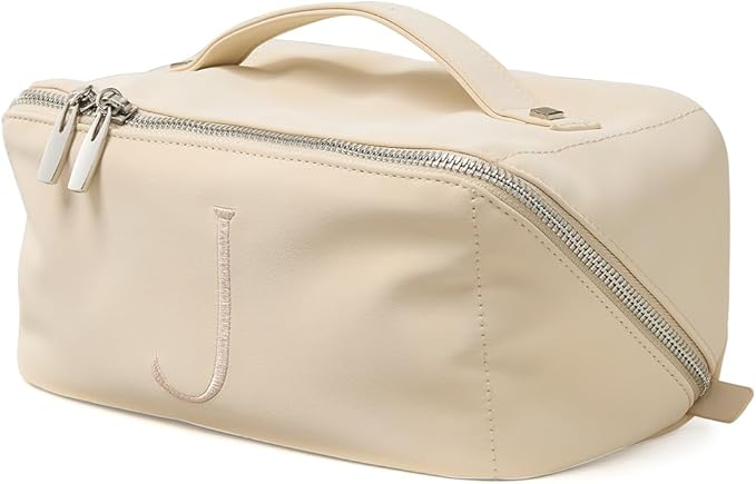 EACHY Travel Makeup Bag, Large Capacity Cosmetic Bag for Women, Waterproof PU Leather, Flat Open Portable Toiletry Bag for Skincare, Brushes & Travel Essentials
