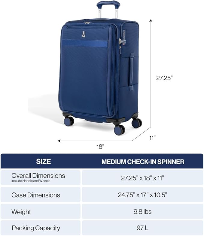 Travelpro VersaPack+ Lightweight Softside Expandable Checked Luggage, 8 Spinner Suitcase, TSA Lock, Men and Women, Checked Medium 25-Inch, Estate Blue