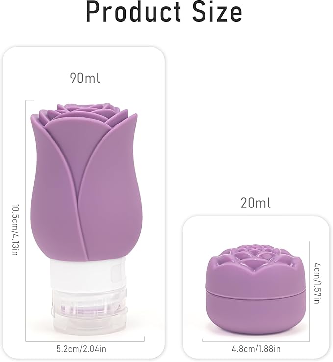 Travel Containers Bottle for Toiletry 4 Pack 3oz Leakproof TSA Approved & Refillable Mini Cream Jars, Silicone Squeeze Tube Rose Bottles for Shampoo Lotion Body Wash BPA Free +Bag, Purple Rose