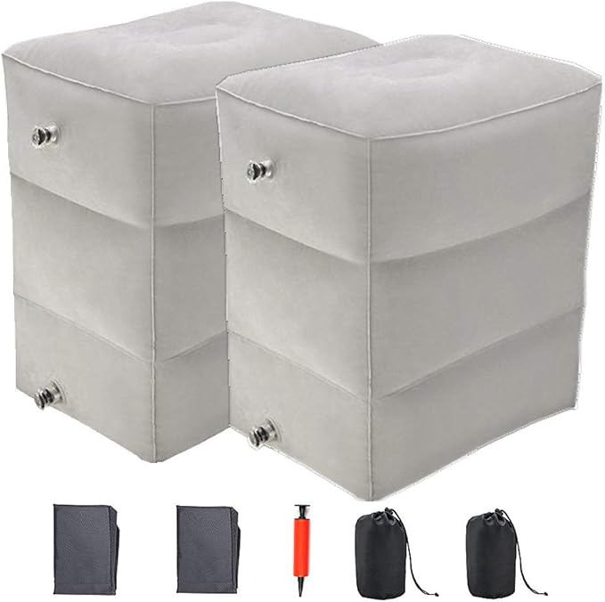 Inflatable Travel Foot & Leg Rest Pillow with Adjustable Height for Airplane, Car, Bus, Train, Office, Camping and Kids to Sleep on Long Flights, Air Pump Included