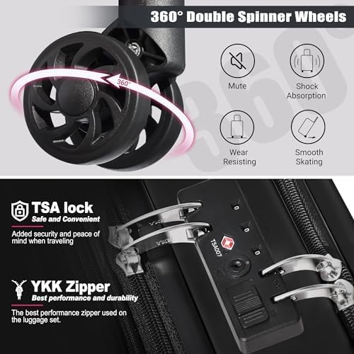 SmileLine 3-Piece Luggage Set Lightweight Hardside Suitcase TSA Lock Spinner Wheels, 20" Expandable Carry-On Luggage with Quick Access Front Open Pocket, Bonus Makeup Bag,Black