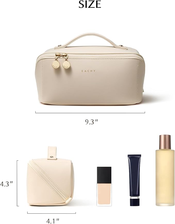 EACHY Travel Makeup Bag, Large Capacity Cosmetic Bag for Women, Waterproof PU Leather, Flat Open Portable Toiletry Bag for Skincare, Brushes & Travel Essentials