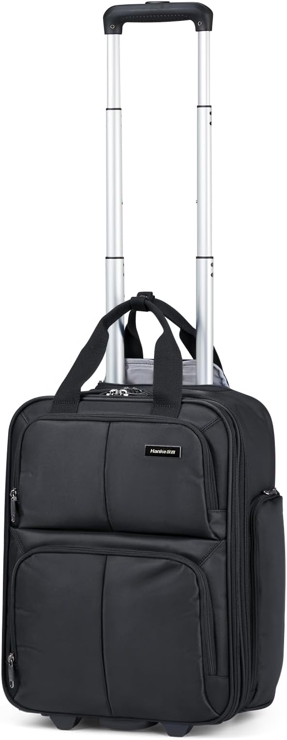 Hanke 16 Inch Underseat Carry On Luggage With Wheels, Small Rolling Suitcase Lightweight Under Seat Carry On Bag, Airline Approved Personal Item Overnight Softside Travel Luggage Bag,Black