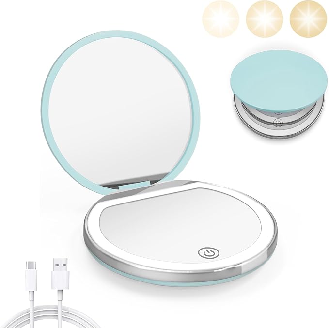 Kakuje Compact Mirror with Light, 1X/3X Magnification LED Pocket Mirror with USB Data Cable,Mini Mirror for Purse, Pocket,Travel and Present (Mint Green)