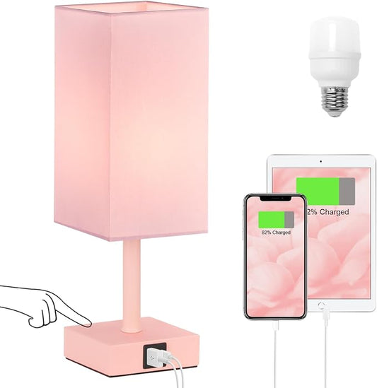 Touch Table Lamp for Bedroom - Dimmable, USB C+A, Pink Lamphade Pink Base | 3-Way Dimmable, 3000K LED Bulb Included, Square Lampshade, Cute Room Decor for Teen Girls, Kids, Small Lamp for Dorm, Nursery