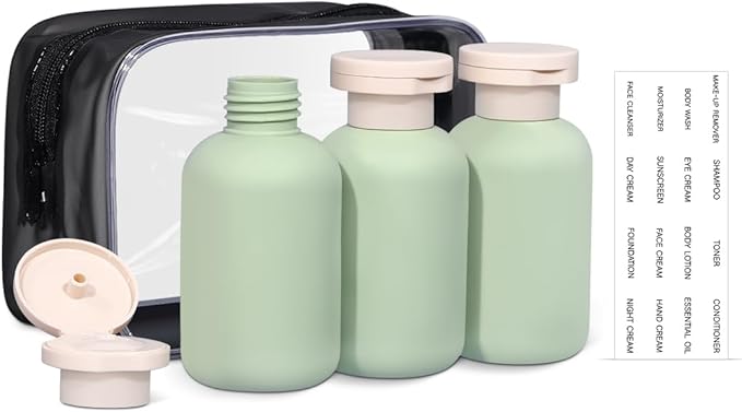 ASEVAT3.4oz 3Pcs Green Plastic Refillable Travel Shampoo and Conditioner Bottles Plastic Refillable Travel Shampoo Bottles with Flip Cap Shampoo and Conditioner Dispenser