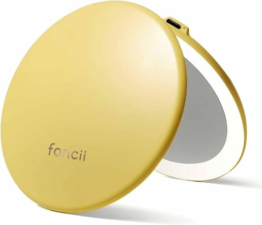 Fancii Taylor Travel Makeup Mirror with LED Light, Rechargeable, 10x /1x Magnifying, Tru-Glow Lighting System, XL Large 5” Wide | Compact Mirror for Purses (Marigold)