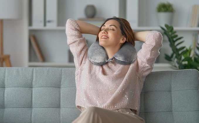 Travel Pillow, 100% Pure Memory Foam Neck Pillow, Suitable for Airplanes, Cars, Trains, Office Naps, Home Lounge Chairs, Removable and Washable Pillow Cover (Gray)