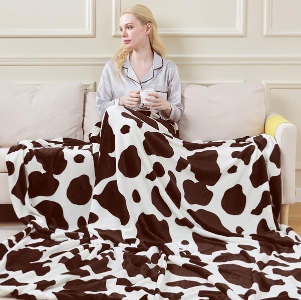 Fleece Cow Print Blanket Queen Size for All Season - Premium Lightweight Anti-Static Super Soft Cozy Plush Cow Blankets for Queen/Full Bed,90" x 90"(Brown Cow)