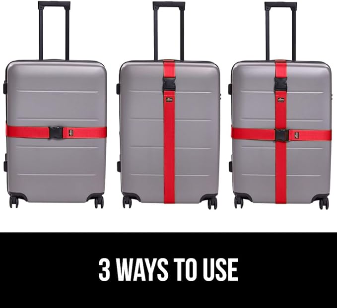 GORILLA GRIP Heavy Duty 4 Pack Adjustable Luggage Straps for Suitcases, Easy to Identify Travel Belt Connector Holds Suitcase Together, Extends Life of Bag, Strap Connects Two Bags, Accessories Red
