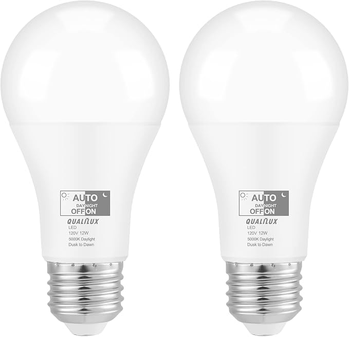 Qualilux Dusk to Dawn Light Bulbs, Auto On/Off Light Sensing LED Bulbs Outdoor, Daylight, A19 2-Pack, 12W 1000LM 75W Equivalent, HQ-H023