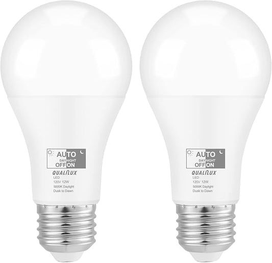 Qualilux Dusk to Dawn Light Bulbs, Auto On/Off Light Sensing LED Bulbs Outdoor, Daylight, A19 2-Pack, 12W 1000LM 75W Equivalent, HQ-H023