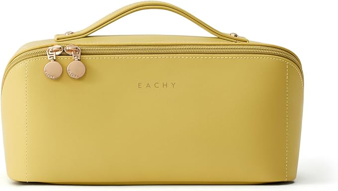 EACHY Travel Makeup Bag, Large Capacity Cosmetic Bag for Women, Waterproof PU Leather, Flat Open Portable Toiletry Bag for Skincare, Brushes & Travel Essentials