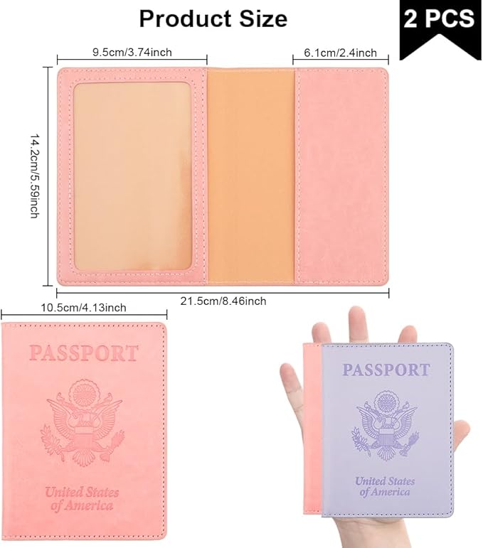 Passport Holder, Passport Cover, Passport Holder for Women, 2 Pack Passport Wallet, Leather Passport Case, Passport Protector Essentials Women Men Family Travel Must Haves, Light Purple+Pink