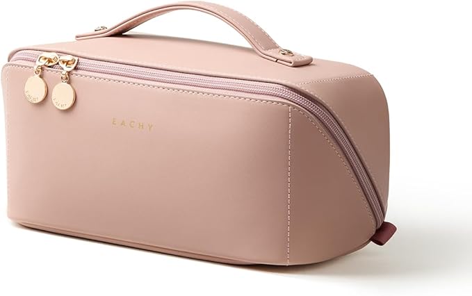 EACHY Travel Makeup Bag, Large Capacity Cosmetic Bag for Women, Waterproof PU Leather, Flat Open Portable Toiletry Bag for Skincare, Brushes & Travel Essentials