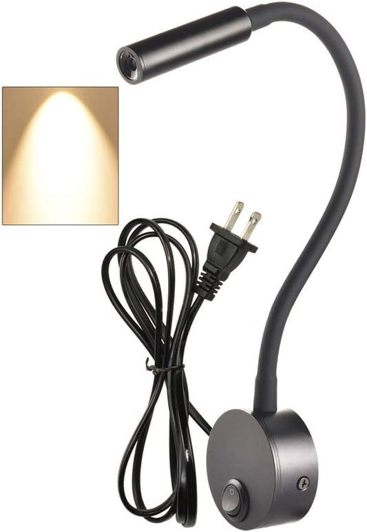 Black Reading Lamps, 25° Focused Beam 3000K Warm White LED Wall Mounted Study Reading Light for Bed Headboard, Flexible Lamp, 4.92ft Plug-in Cord, AC 85-265V