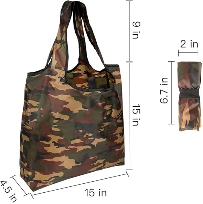 Aricsen 20 Pack 15x4.5x15 Inch Camo Reusable Shopping Bags with Handles Bulk, Foldable Grocery Bags, Machine Washable Durable Nylon Tote Bags, Polyester Fabric Cloth