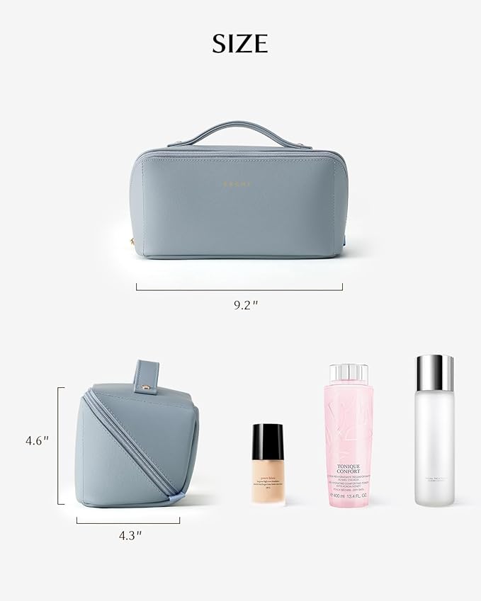 EACHY Travel Makeup Bag, Large Capacity Cosmetic Bag for Women, Waterproof PU Leather, Flat Open Portable Toiletry Bag for Skincare, Brushes & Travel Essentials