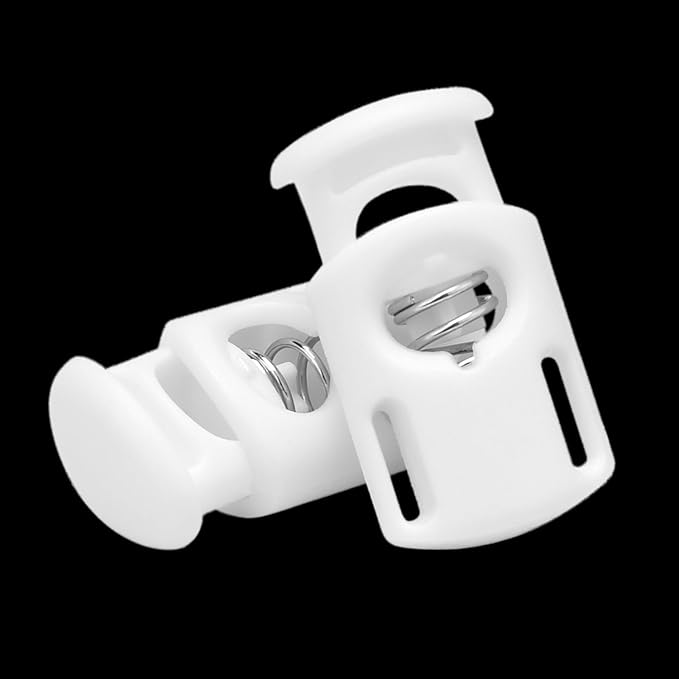CooBigo 10 Pack Plastic Spring Cord Locks for Drawstring Paracord, Cord Stopper Toggle Clasps for Sweatpants Hoodie Gloves Hats Swim Goggles String Clip Elastic Shoeslace String Lock White