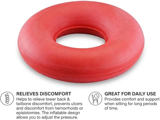 NOVA Inflatable Donut Cushion Seat Pillow – 15” Round Easy Inflate & Deflate Pressure Relief Cushion, Durable Rubber, Easy-Clean Red, for Hemorrhoids, Postpartum & Sitting Comfort, Red