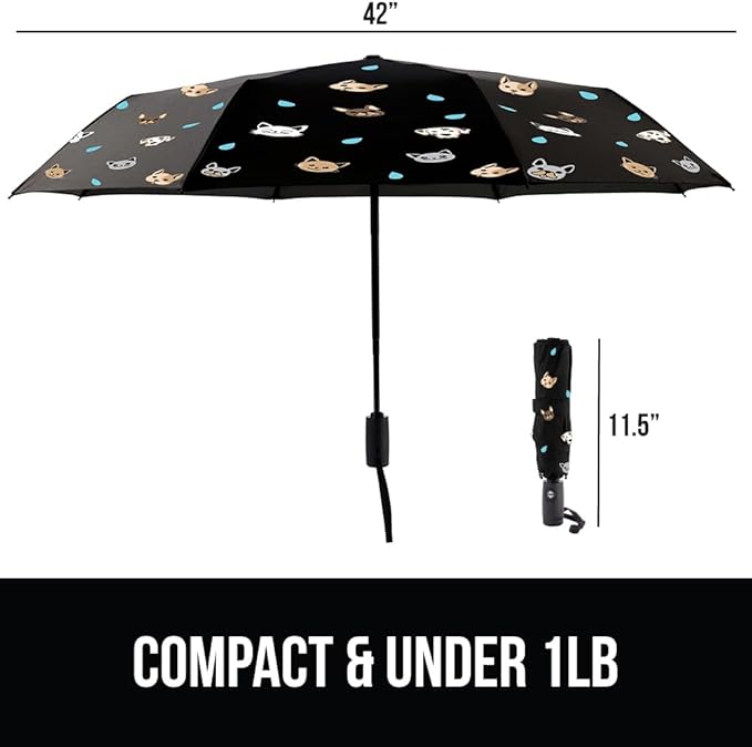 GORILLA GRIP Strong Windproof Stick Compact Umbrella for Rain, One-Click Automatic Open and Close, Durable Quick Dry Waterproof Material, Lightweight and Portable, Travel Size Fits Backpack, Cats Dogs