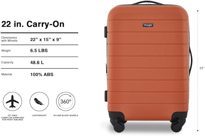Wrangler Smart Spinner Hardside Luggage, 22-Inch Carry-On, Burnt Orange