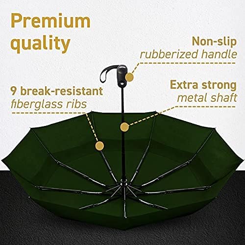 Windproof Compact Umbrella for Rain - 42” Travel Umbrella, Portable, Strong, Collapsible to 11”, Automatic Open Close Button, Vented Double Canopy with Fiberglass/Steel Frame, Wind Resistance to 55MPH