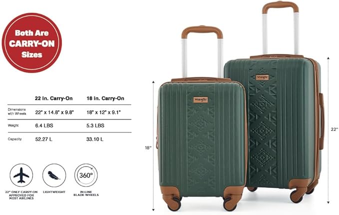 Wrangler 22" and 18" Heartland 2-Piece Carry-On Luggage Set, Satin Moss
