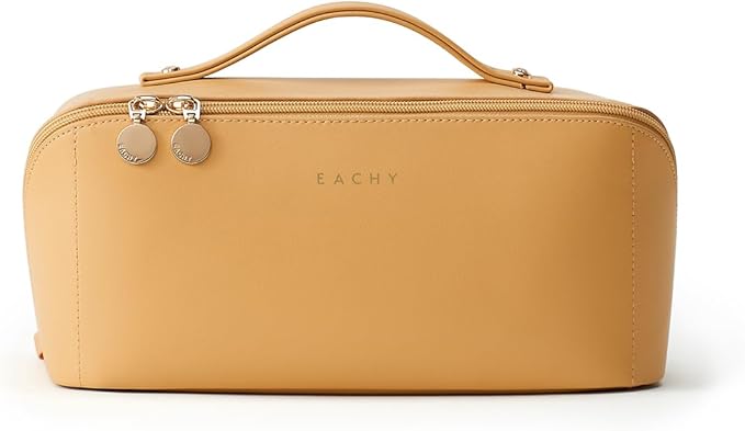 EACHY Travel Makeup Bag, Large Capacity Cosmetic Bag for Women, Waterproof PU Leather, Flat Open Portable Toiletry Bag for Skincare, Brushes & Travel Essentials