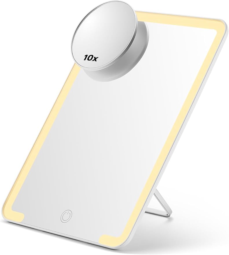OMIRO Lighted Makeup Mirror with 10X Magnifying Mirror, 10 x 7 inches Desk Mirror with Adjustable Stand and 3 Lighting Modes for Shaving and Travelling, White