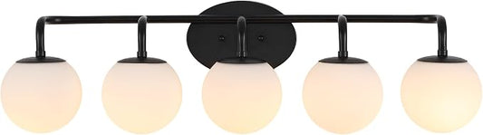 JONATHAN Y Louis Parisian Globe 33" Vanity 5-Light, Black | White Frosted Glass Shade, Midcentury Parisian Bistro Style, Metal Wall Lamp, Dimmable, Hardwired, LED Bulbs Included