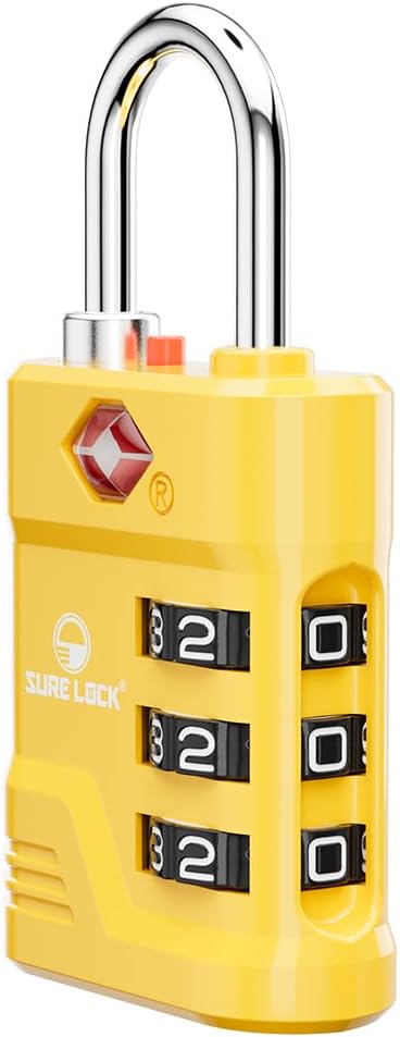 SURE LOCK TSA Approved Luggage Lock – 3-Digit Resettable Combination Padlock with Open Alert Red Dot, Large Easy-Read Dials for Suitcases, Backpacks, Gym & School Lockers(Yellow 1 pk)