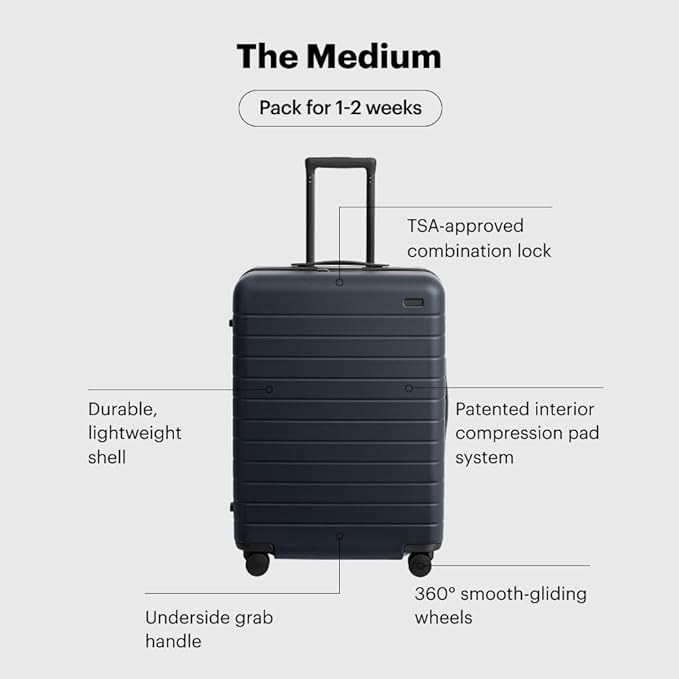 Away Medium Checked Luggage, Lightweight Hard Shell Suitcase with Spinner Wheels, Durable Rolling Luggage, TSA Lock, 26 Inch, Navy Blue