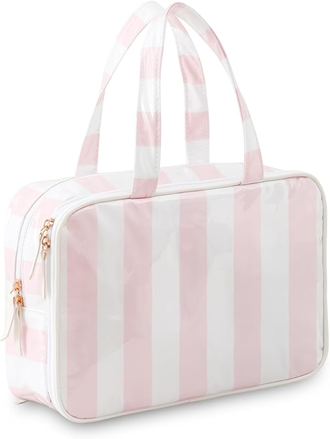 Travel Toiletry Bag for Women, Waterproof Clear Coated Portable Stripe Makeup Cosmetic Bag with Compartment, Travel Organizer for Shampoo, Conditioner, Brushes Set,Cosmetic Accessories(White-Pink)