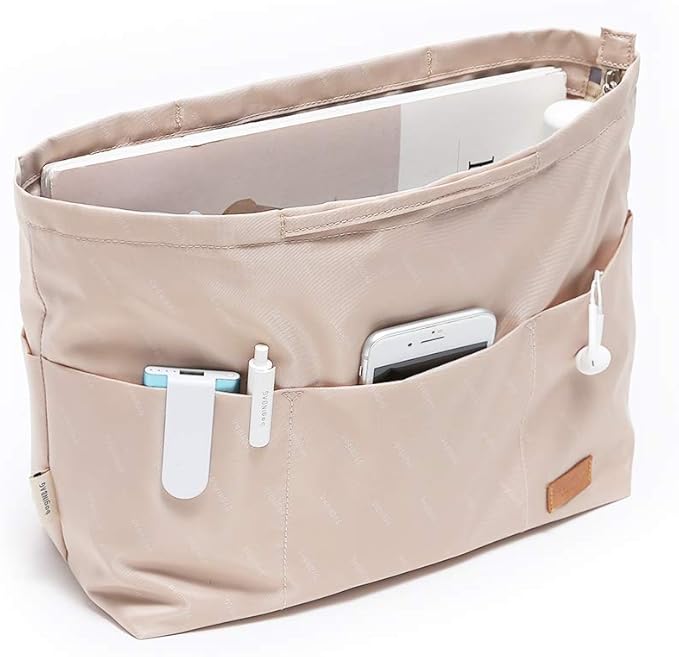 iN. Purse Organizer Insert with zipper Nylon fabric for women Handbags & Totebag beige Size: Large: 15.7"(Top)/12.2"(Bottom) L × 4.9"W × 10"H