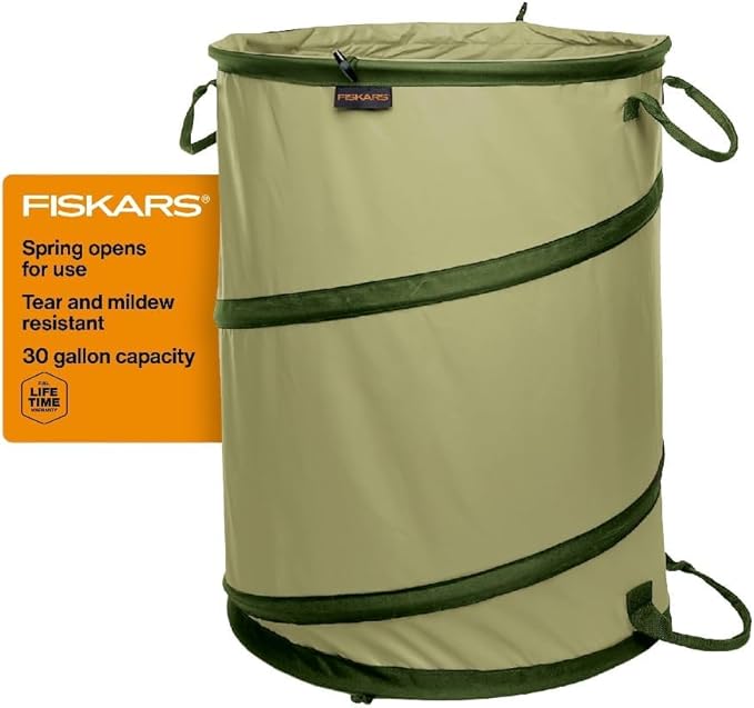 Fiskars Kangaroo Collapsible Spring Up Garden Bag for Yard Waste, Grass, Branches & Weeds, Tear & Mildew Resistant Vinyl-Coated Polyester, Folds Flat to 3 Inches for Space-Saving Storage, 30 Gallon