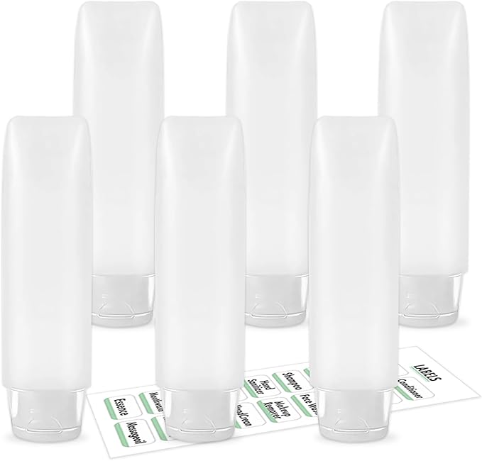 6 Pcs 1 oz Travel Size Toiletries Refillable Travel Bottles, Squeeze Travel Toiletry Bottles with Labels for Toiletry Makeup Travel Containers