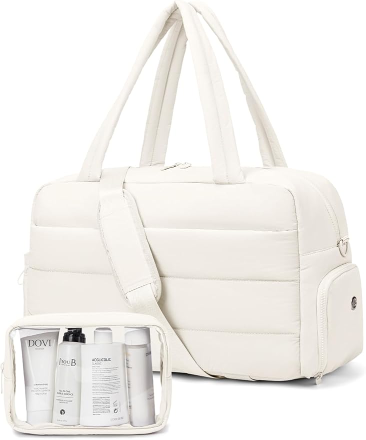 Gitus Carry On Duffle Gym Bag for Women Puffer Weekender Overnight Duffel Bag for Travel with Clear Toiletry Pouch Sport Yoga Fitness Essentials Gifts (Ivory)